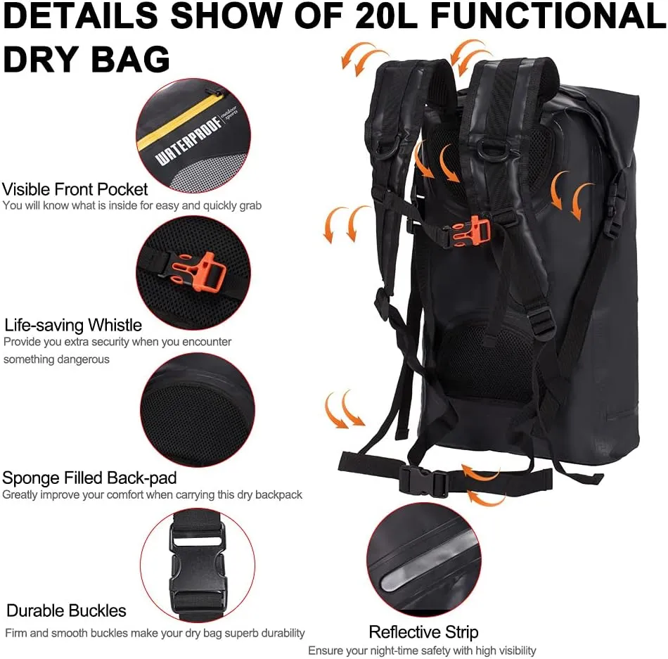 Blueshyhall 20L Waterproof Dry Backpack, Outdoor Travel Roll Top Closure Water Repellent Duffle Storage Sack for Kayaking Rafting Boating Fishing Camping and Beach - Black
