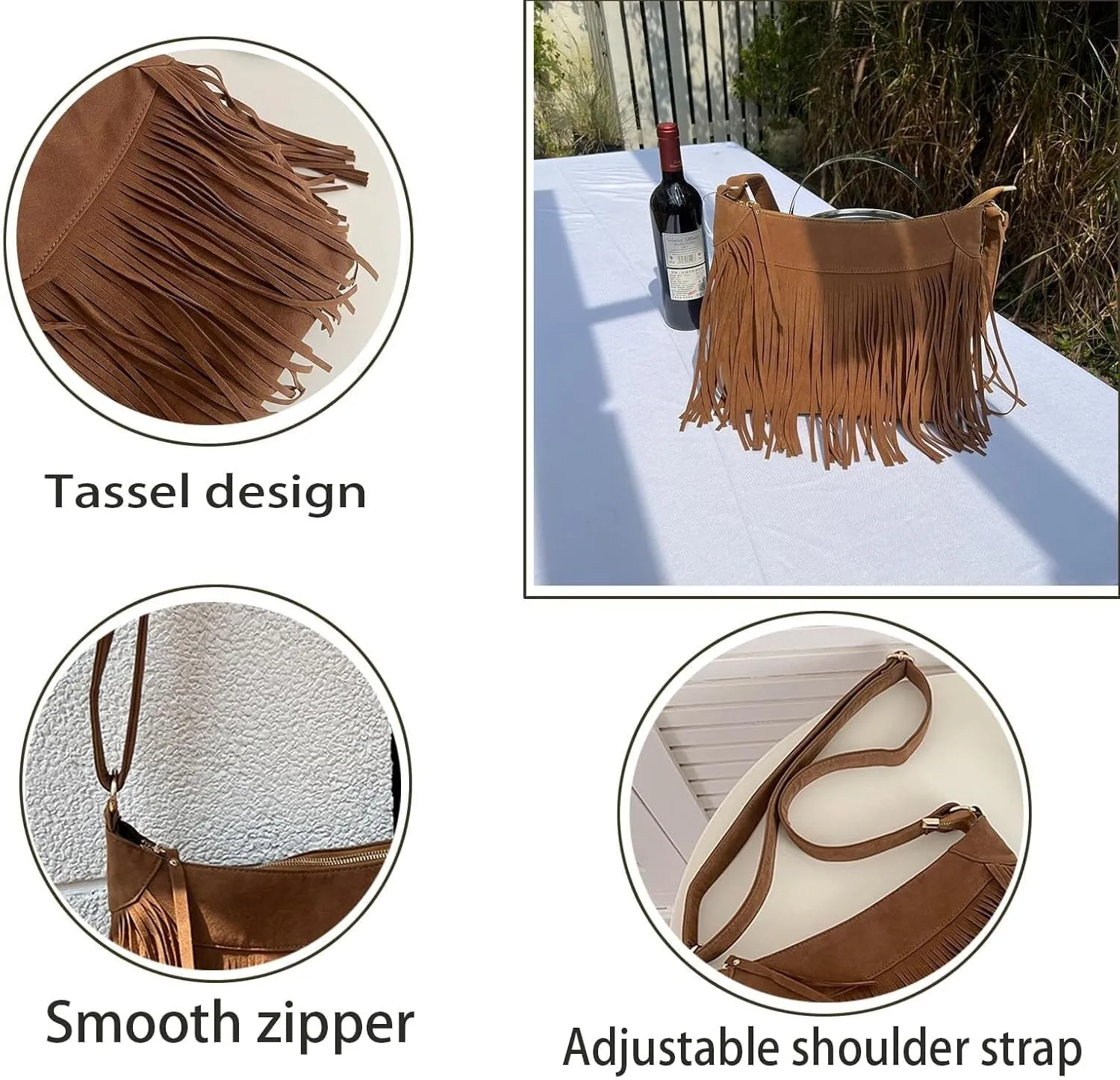 Bohemia Fringe Crossbody Bag, Western Cowgirl Fashion Pocket Hobo, Zipper Shoulder Bag for Everyday Use Well made