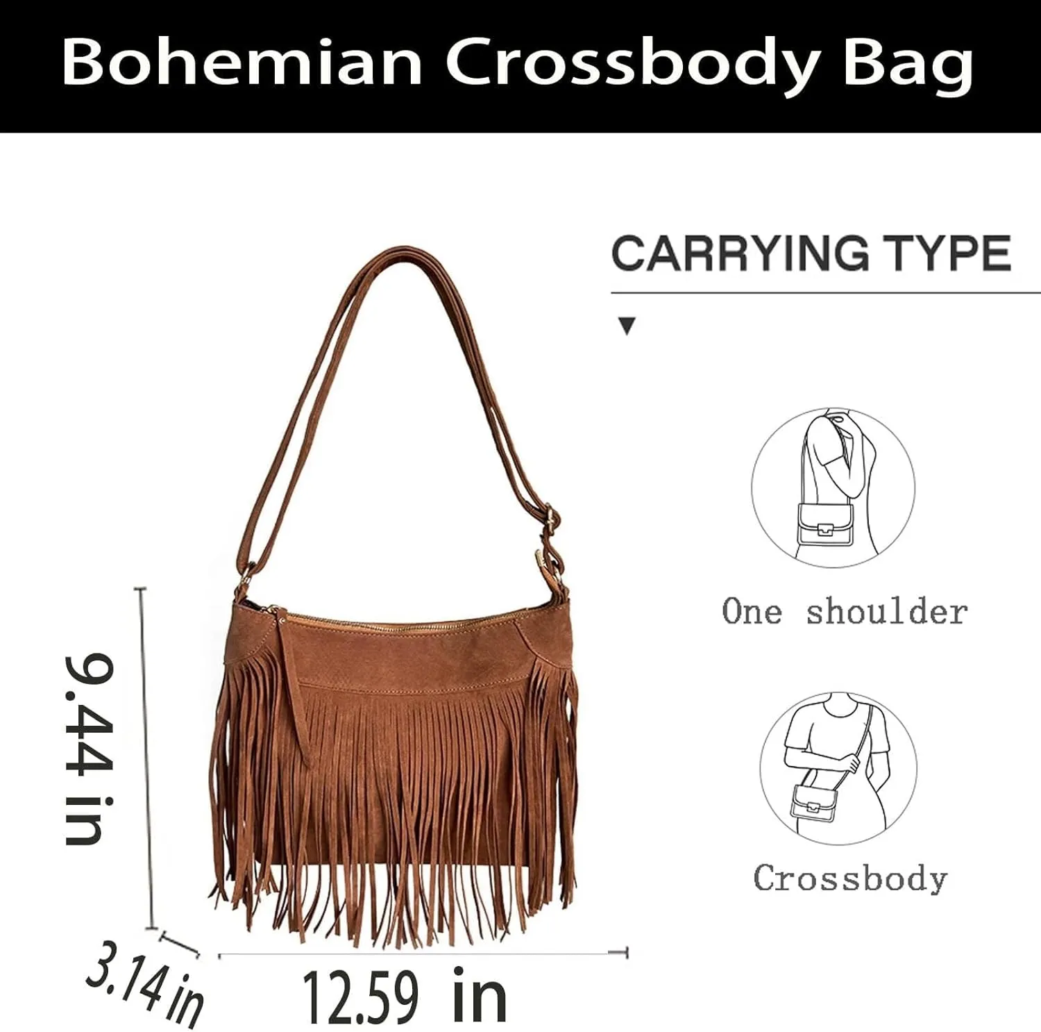 Bohemia Fringe Crossbody Bag, Western Cowgirl Fashion Pocket Hobo, Zipper Shoulder Bag for Everyday Use Well made