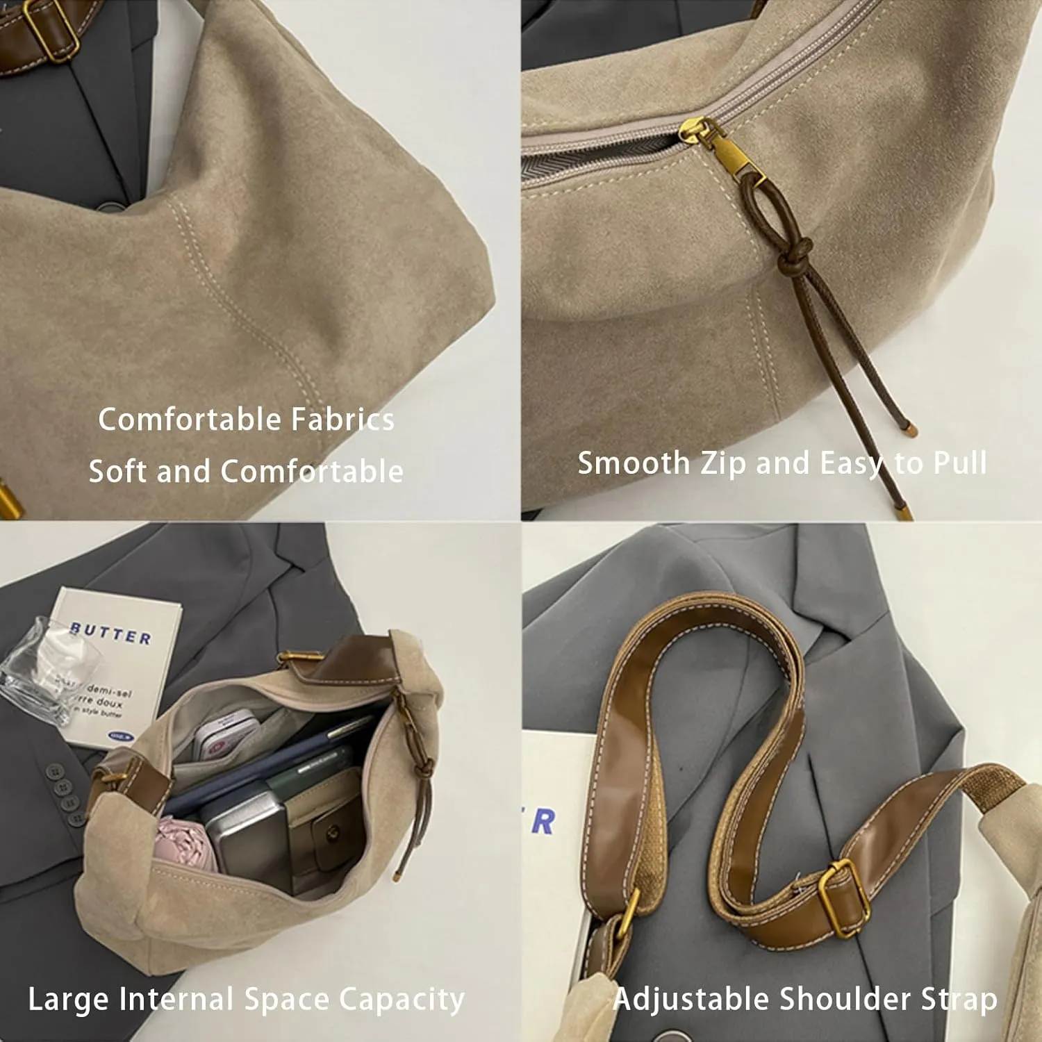 Brown Suede Tote Bag for Women - Retro Shoulder Bag for Office, Everyday, Shopping, Travelling