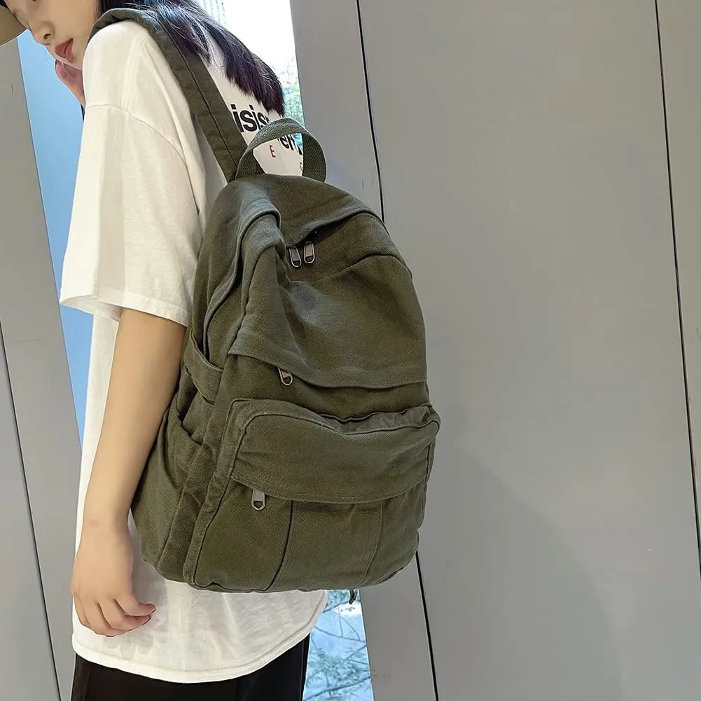 Canvas Backpack Aesthetic Laptop Backpack Vintage Green Backpack for Women Men Lightweight Travel Daypack