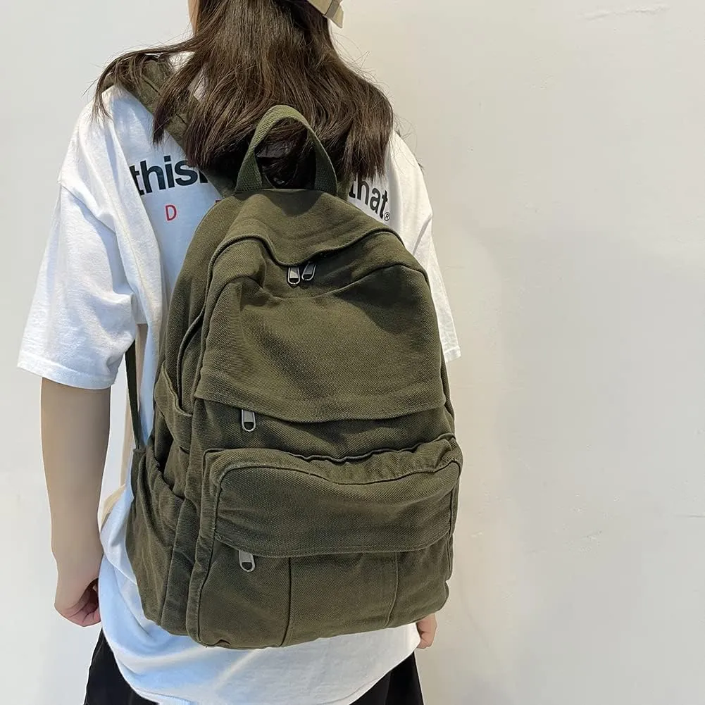 Canvas Backpack Aesthetic Laptop Backpack Vintage Green Backpack for Women Men Lightweight Travel Daypack