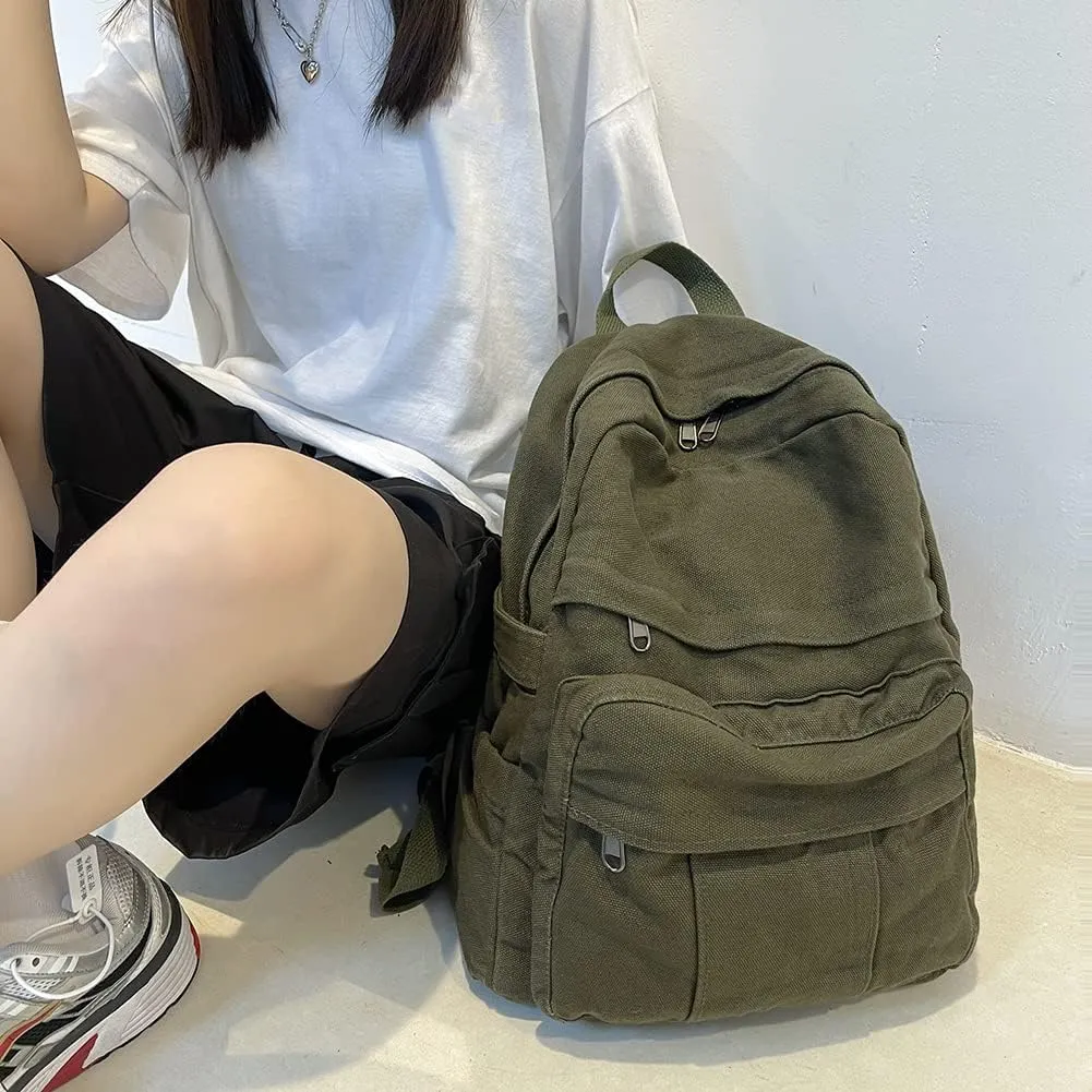 Canvas Backpack Aesthetic Laptop Backpack Vintage Green Backpack for Women Men Lightweight Travel Daypack