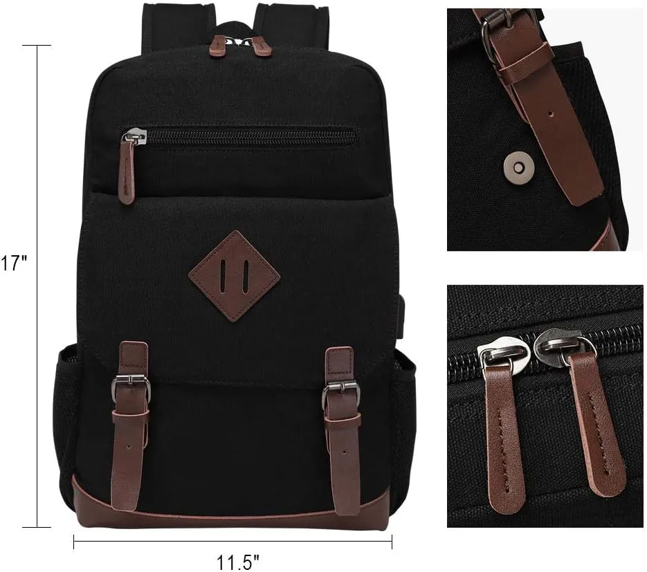 Canvas Backpack for Men Women, Vintage Rucksack Fits Most 15.6 Inch Laptop, Bookbag with USB Charging Port, Black