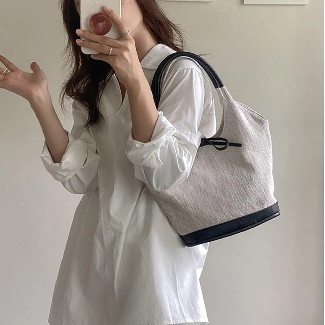 Canvas Bucket Bag for Women Cute Bow Handbags Pu Patchwork Top-Handle Bag Stylish Lady Daily Bucket Bag