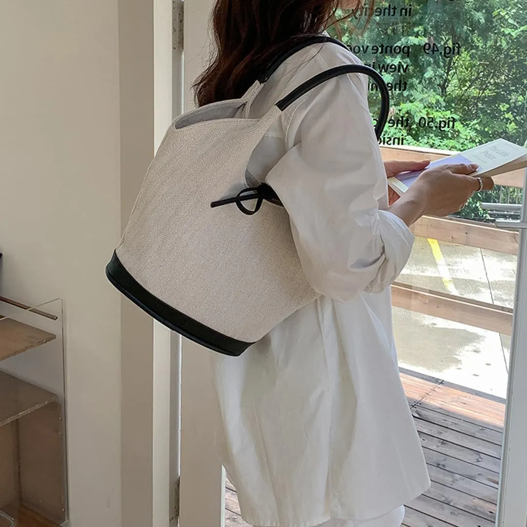 Canvas Bucket Bag for Women Cute Bow Handbags Pu Patchwork Top-Handle Bag Stylish Lady Daily Bucket Bag
