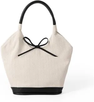Canvas Bucket Bag for Women Cute Bow Handbags Pu Patchwork Top-Handle Bag Stylish Lady Daily Bucket Bag