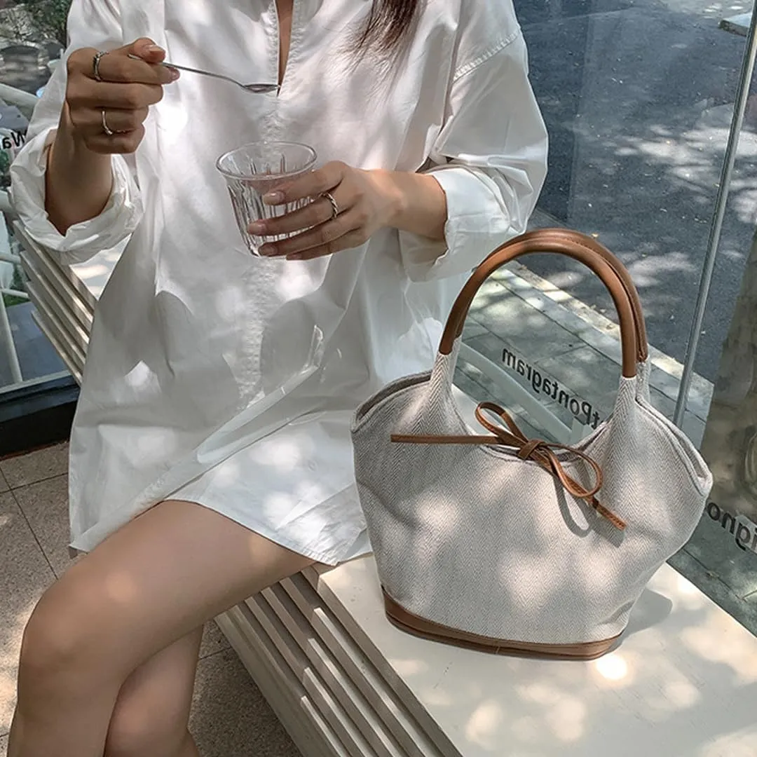 Canvas Bucket Bag for Women Cute Bow Handbags Pu Patchwork Top-Handle Bag Stylish Lady Daily Bucket Bag