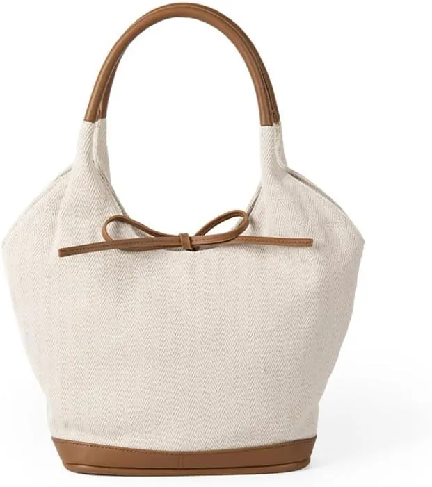 Canvas Bucket Bag for Women Cute Bow Handbags Pu Patchwork Top-Handle Bag Stylish Lady Daily Bucket Bag