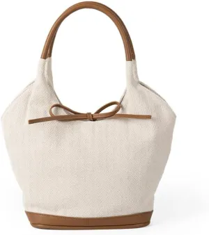 Canvas Bucket Bag for Women Cute Bow Handbags Pu Patchwork Top-Handle Bag Stylish Lady Daily Bucket Bag