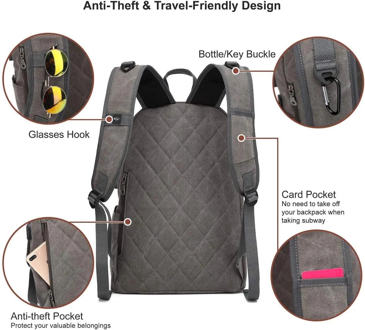 Canvas Laptop Backpack, Waterproof School Backpack With USB Charging College