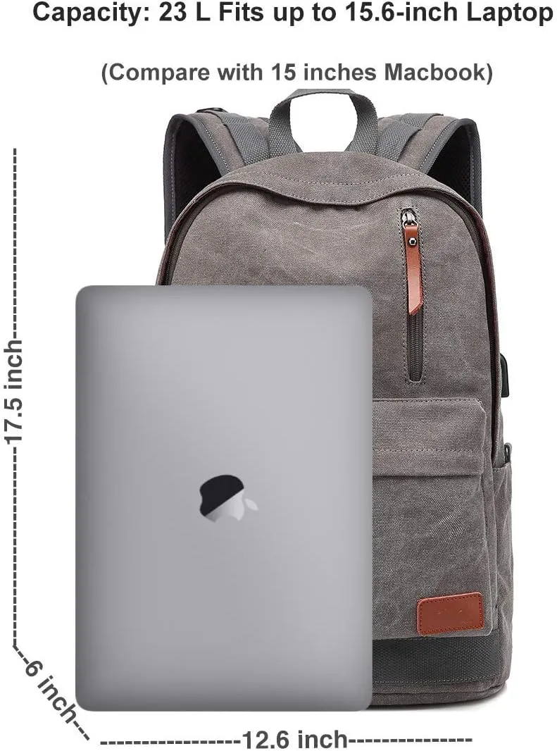 Canvas Laptop Backpack, Waterproof School Backpack With USB Charging College