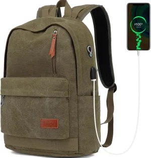 Canvas Laptop Backpack, Waterproof School Backpack With USB Charging College