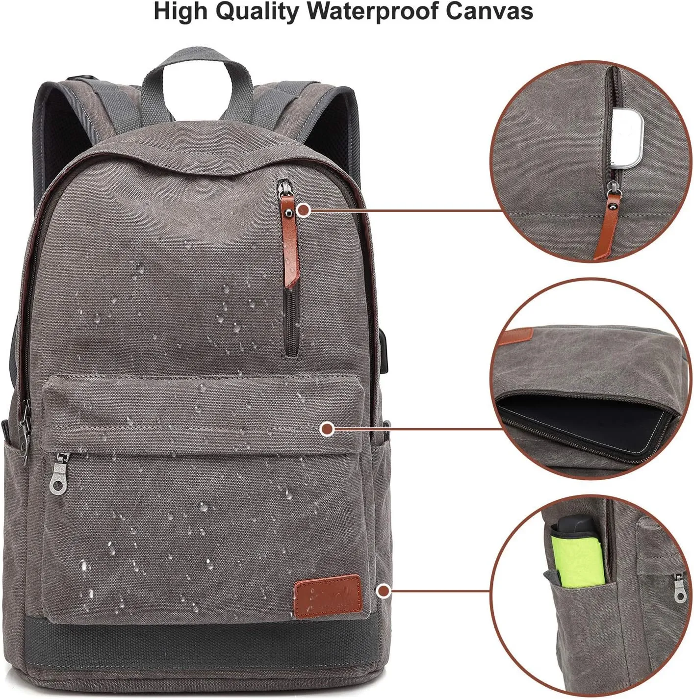 Canvas Laptop Backpack, Waterproof School Backpack With USB Charging College