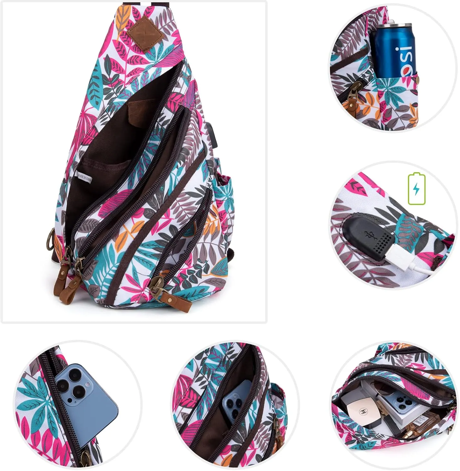 Canvas Sling Bag Crossbody Backpack Genuine Leather Shoulder Bag Casual Daypacks For Men