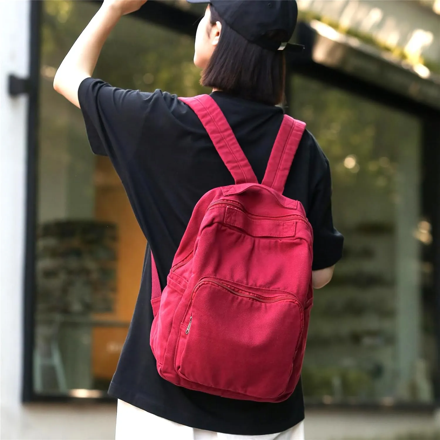 Canvas Small Backpack Purse for Women Cute Aesthetic Red Mini Backpack for Teen Girls Ladies Vintage School Bookbag Purse