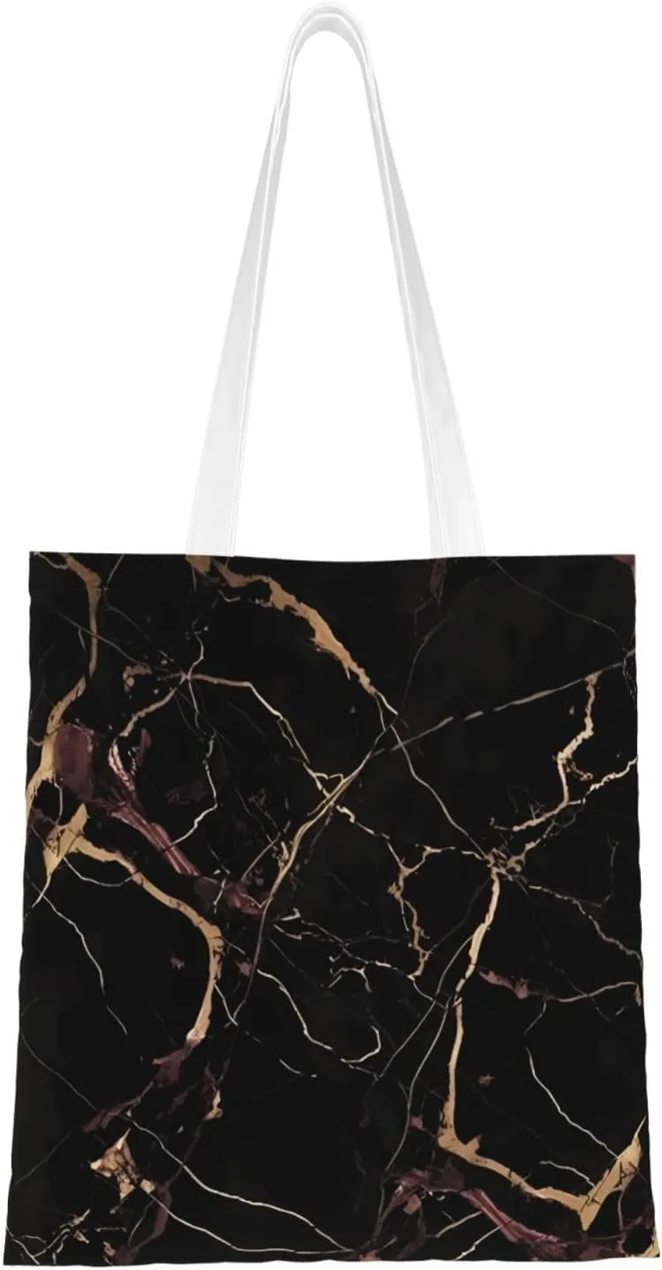 Canvas Tote Bag Aesthetic for Women Black Gold Marble Shopping Bags Large Tote Shoulder Bag Reusable Grocery Bags Hobo Bags Casual Handbags Cute Cloth Bags Birthday Gifts