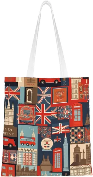 Canvas Tote Bag Aesthetic for Women England Symbols Shopping Bags Large Tote Shoulder Bag Reusable Grocery Bags Hobo Bags Casual Handbags Cute Cloth Bags Birthday Gifts