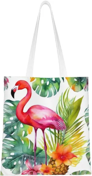 Canvas Tote Bag Aesthetic for Women Tropical watercolor pineapple Flamingo Shopping Bags Large Tote Shoulder Bag Reusable Grocery Bags Hobo Bags Casual Handbags Cute Cloth Bags Birthday Gifts