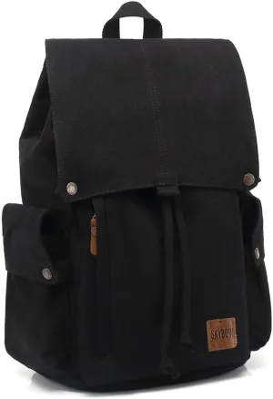 Canvas Vintage Backpack Casual Outdoor Daypack Rucksack for Men Women 15.6inch Laptop Hiking Travel Backpacks (BLACK)