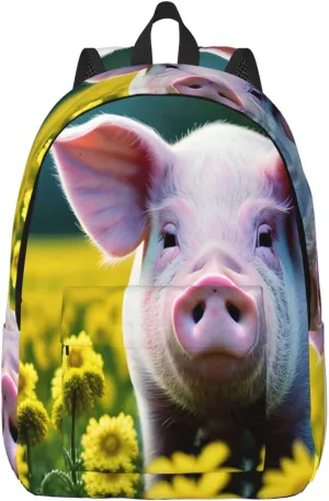 Casual Rape Flower Pig Print Canvas Backpack,Casual Stylish,Everyday Use,Travel,Hiking,Work