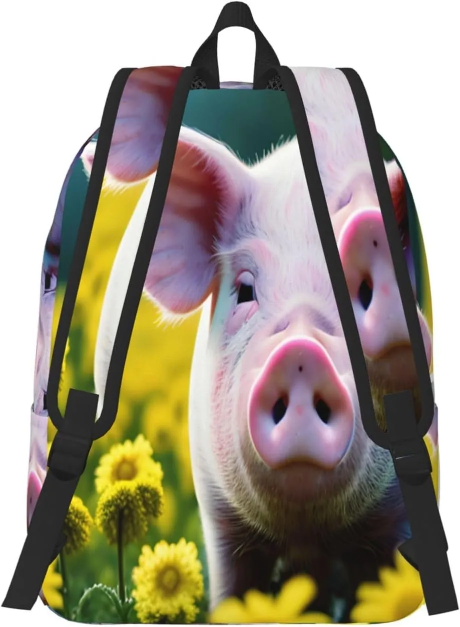 Casual Rape Flower Pig Print Canvas Backpack,Casual Stylish,Everyday Use,Travel,Hiking,Work