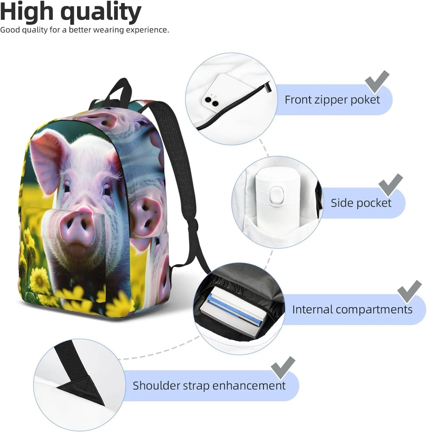 Casual Rape Flower Pig Print Canvas Backpack,Casual Stylish,Everyday Use,Travel,Hiking,Work