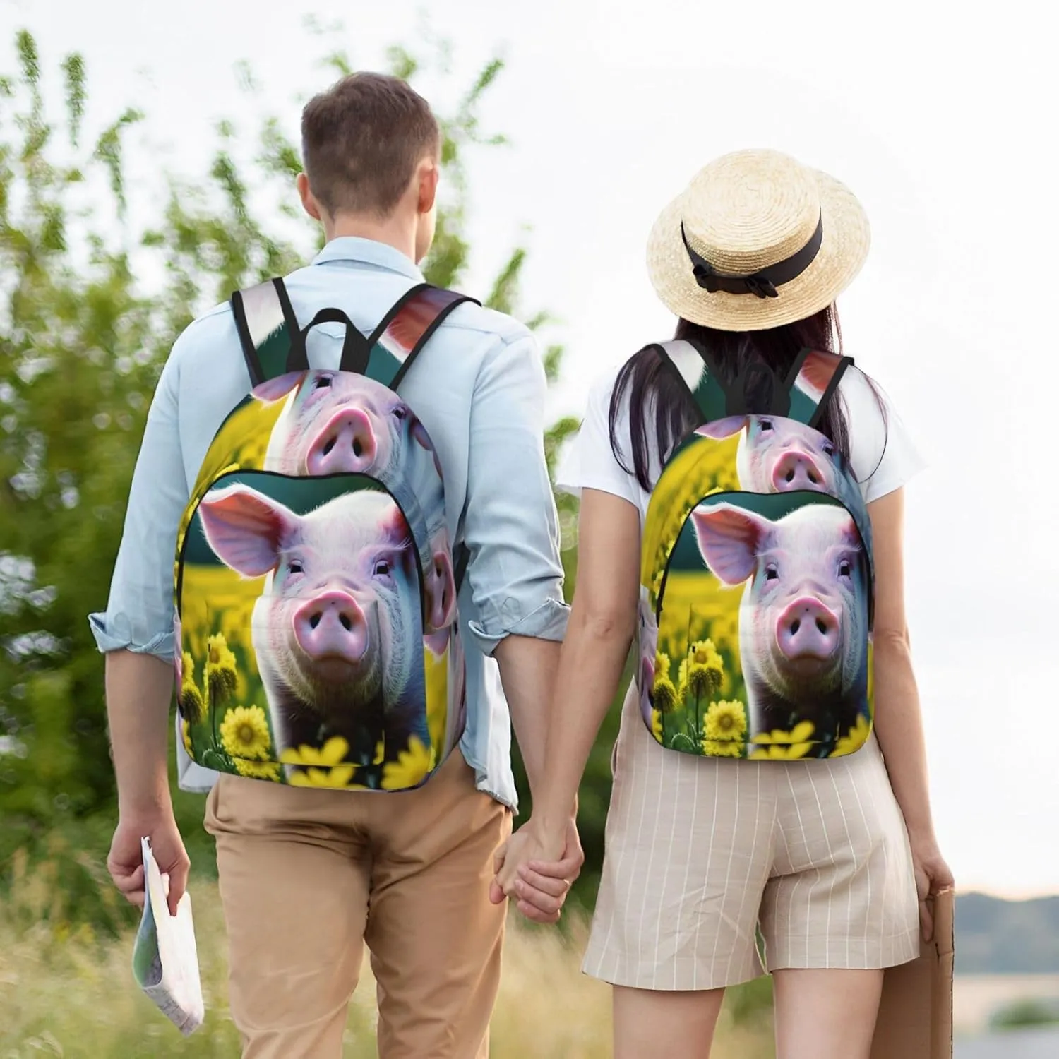 Casual Rape Flower Pig Print Canvas Backpack,Casual Stylish,Everyday Use,Travel,Hiking,Work