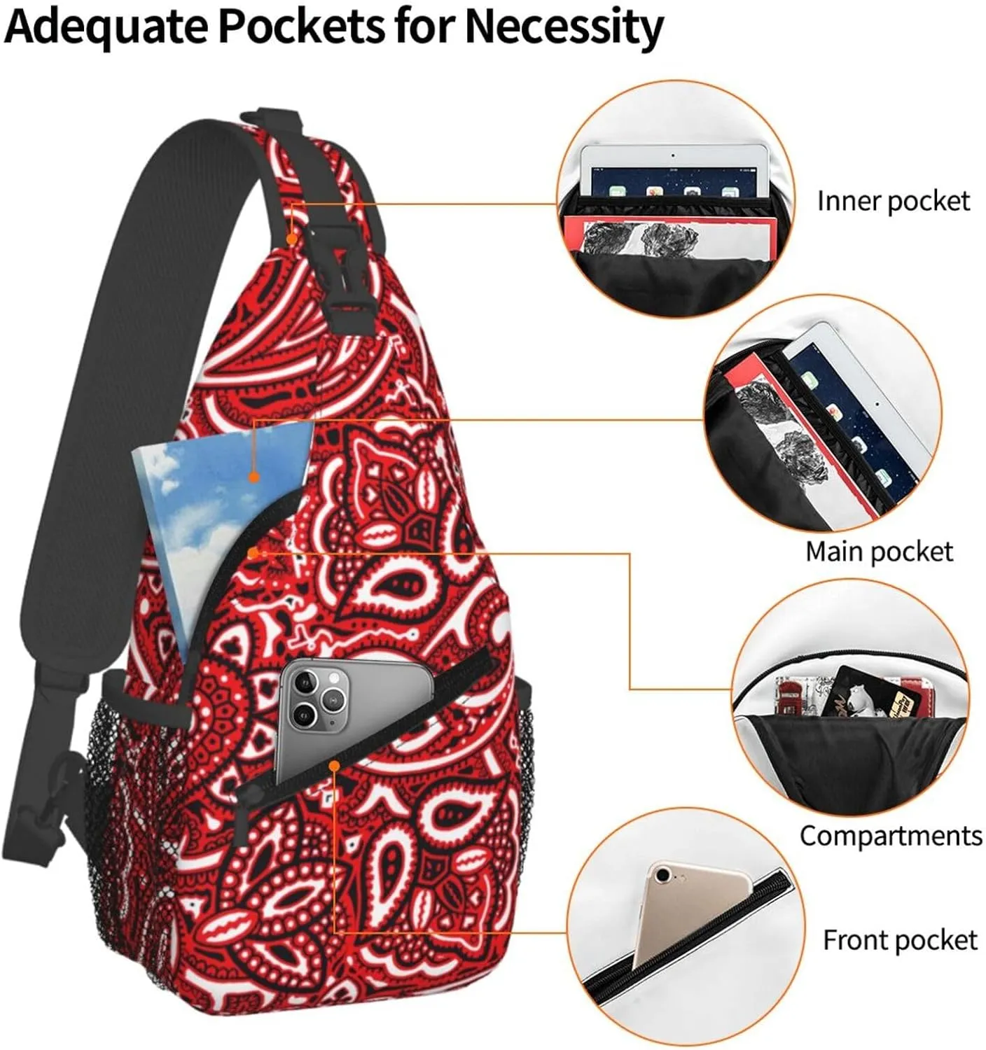 Casual Sling Backpack for Men for Paisley Bandana Red Crossbody Backpack, Unbalance Gym Bag Travel Bag Outdoor Hiking Daypack
