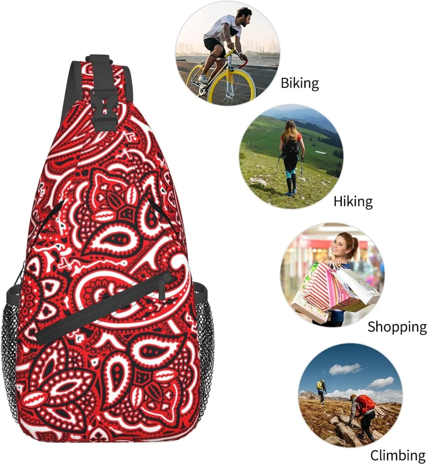 Casual Sling Backpack for Men for Paisley Bandana Red Crossbody Backpack, Unbalance Gym Bag Travel Bag Outdoor Hiking Daypack