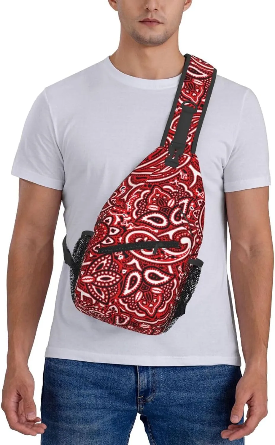Casual Sling Backpack for Men for Paisley Bandana Red Crossbody Backpack, Unbalance Gym Bag Travel Bag Outdoor Hiking Daypack