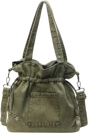 Casual Washed Denim Shoulder Bag Japanese Drawstring Crossbody Messenger Bags for Women Trendy