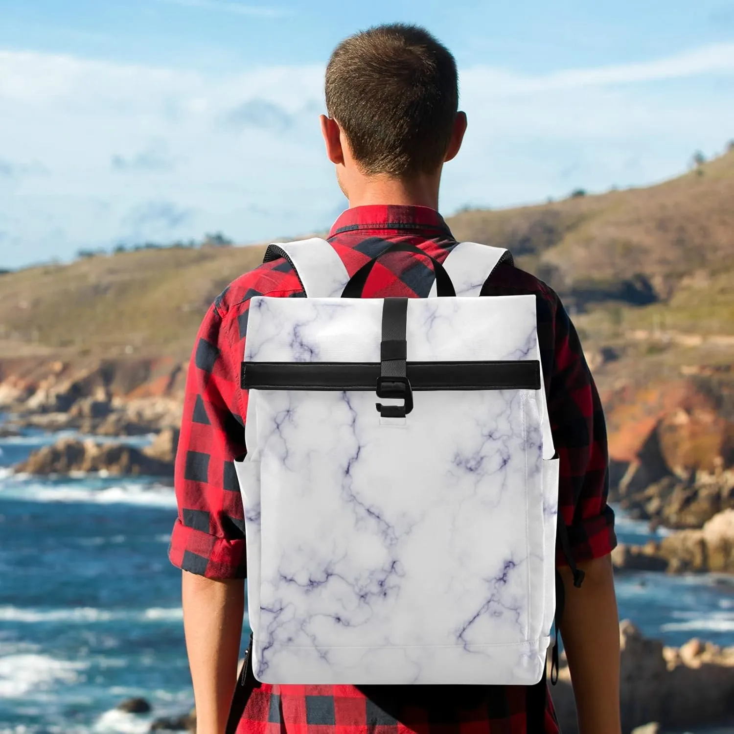 CBBYY Travel Roll Top Backpack for Men, Marble Expandable Waterproof Trendy Laptop Backpack