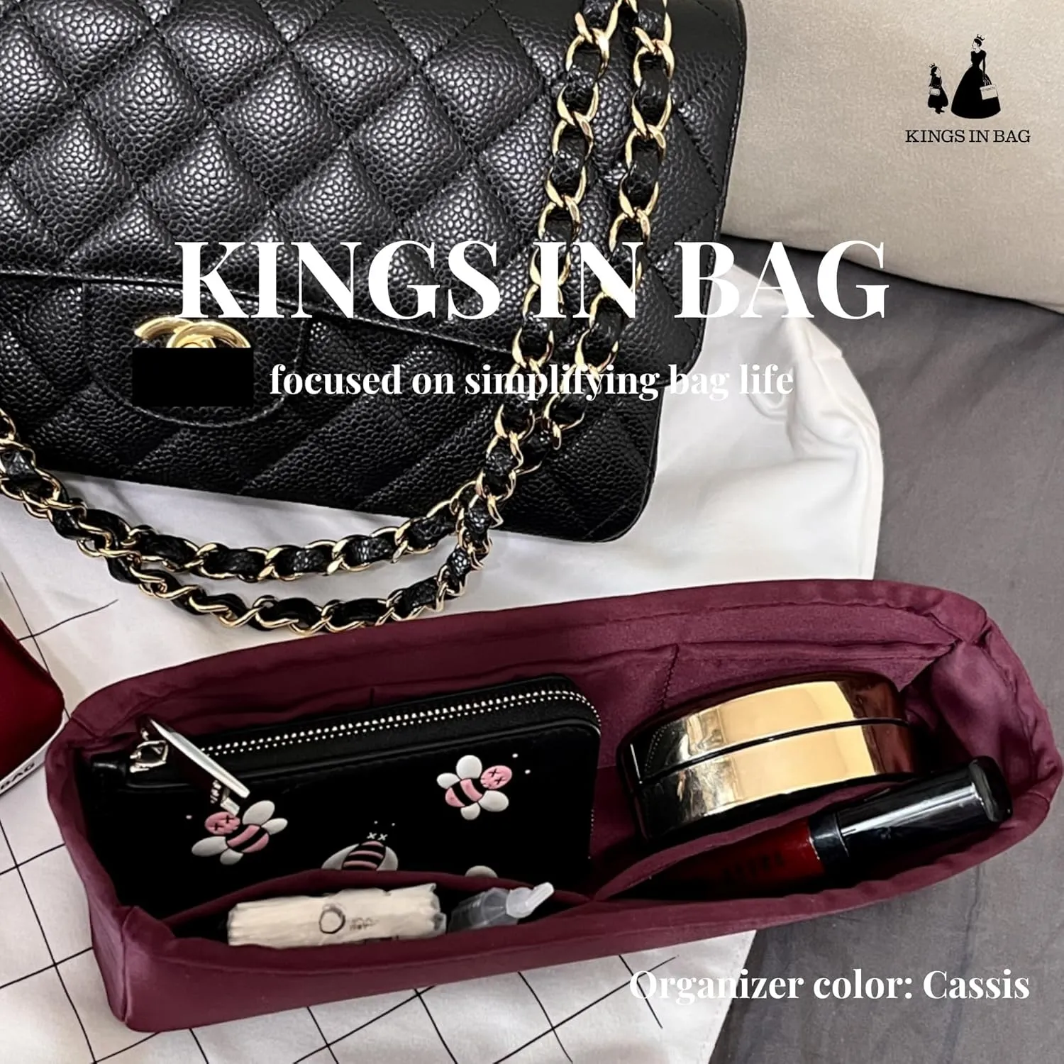 CF Bag Divider Organizer, Medium Tote Bag Organizer Insert Compatible with Chanel Classic Flap, Multiple Pockets Inner Bag for Women bags (Cassis, Chanel CF Medium)