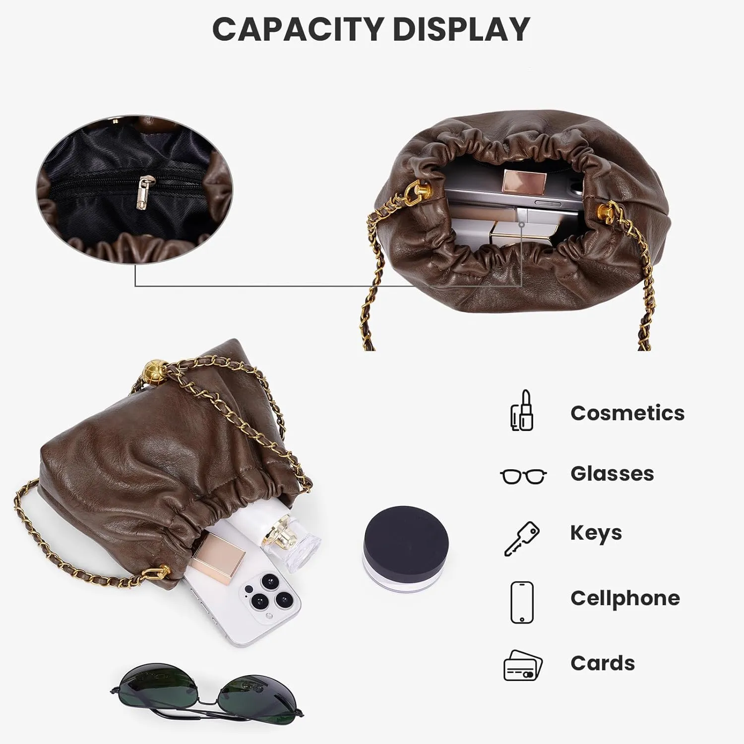 Chain Strap Genuine Leather Hobo Bag - Convertible Shoulder & Crossbody Purse
