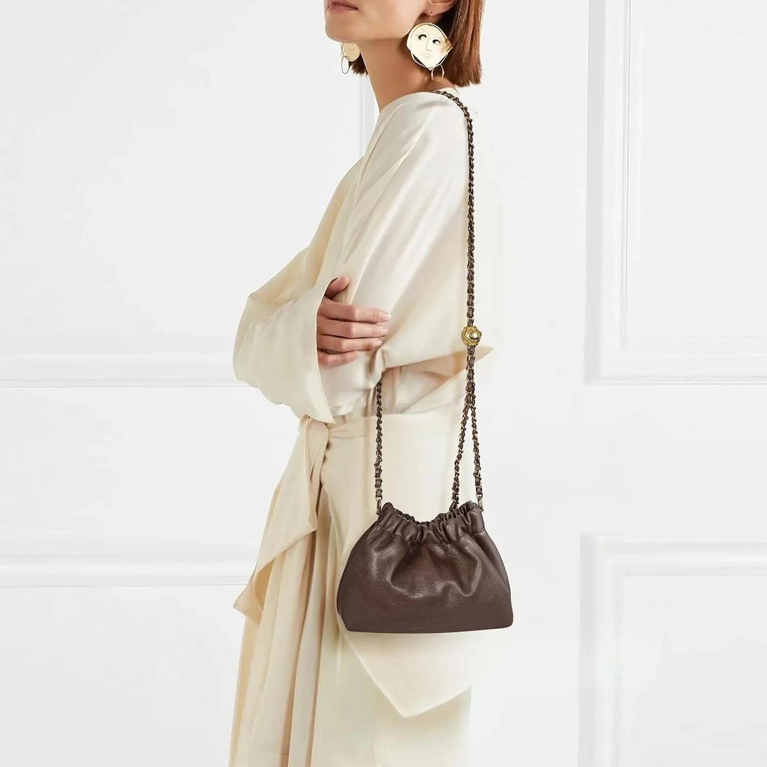 Chain Strap Genuine Leather Hobo Bag - Convertible Shoulder & Crossbody Purse