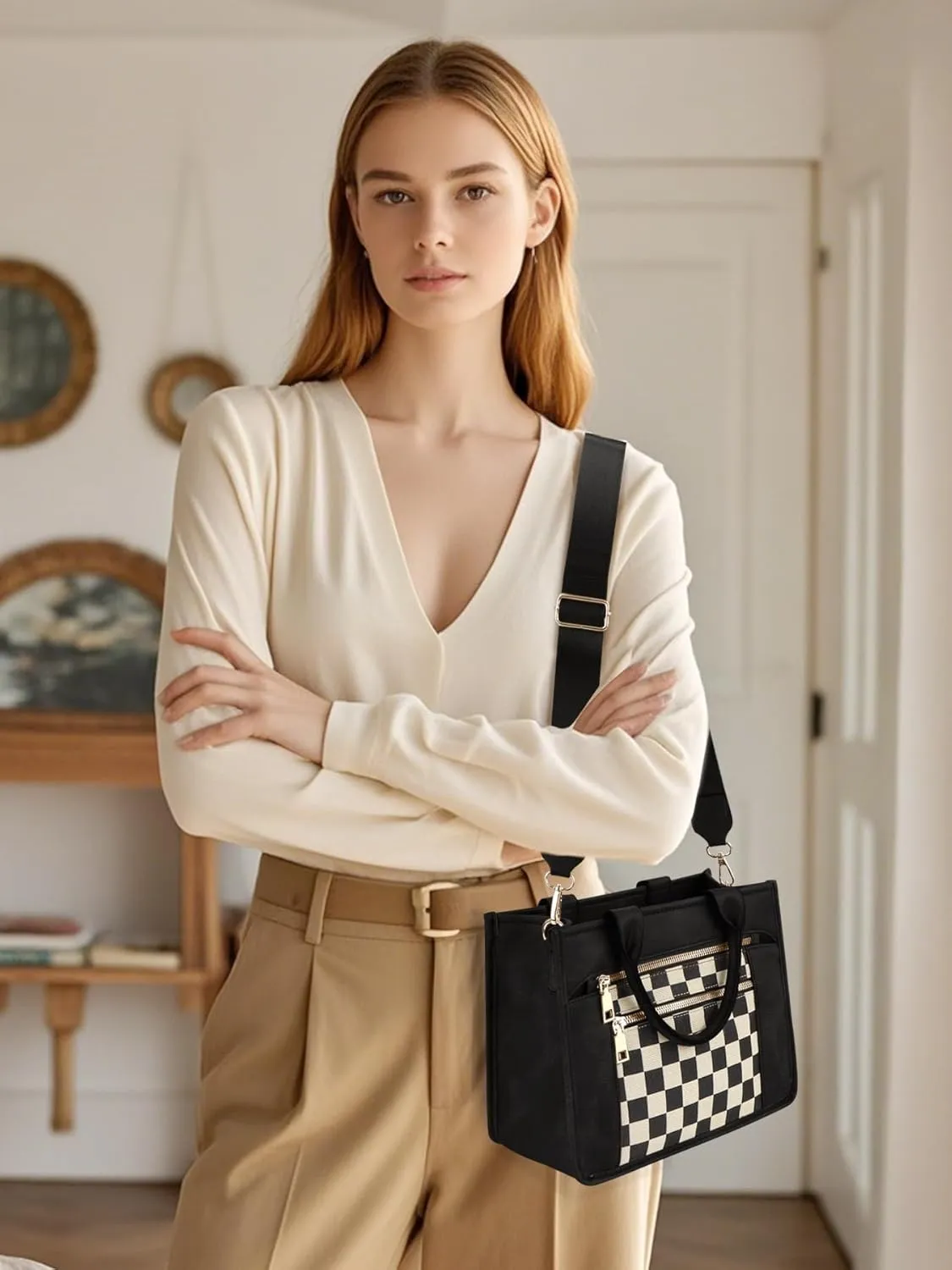 Checkered Tote Bag for Women - Plaid Handbag Checkerboard Crossbody Shoulder Bag Trendy Checkered Work Tote Purse