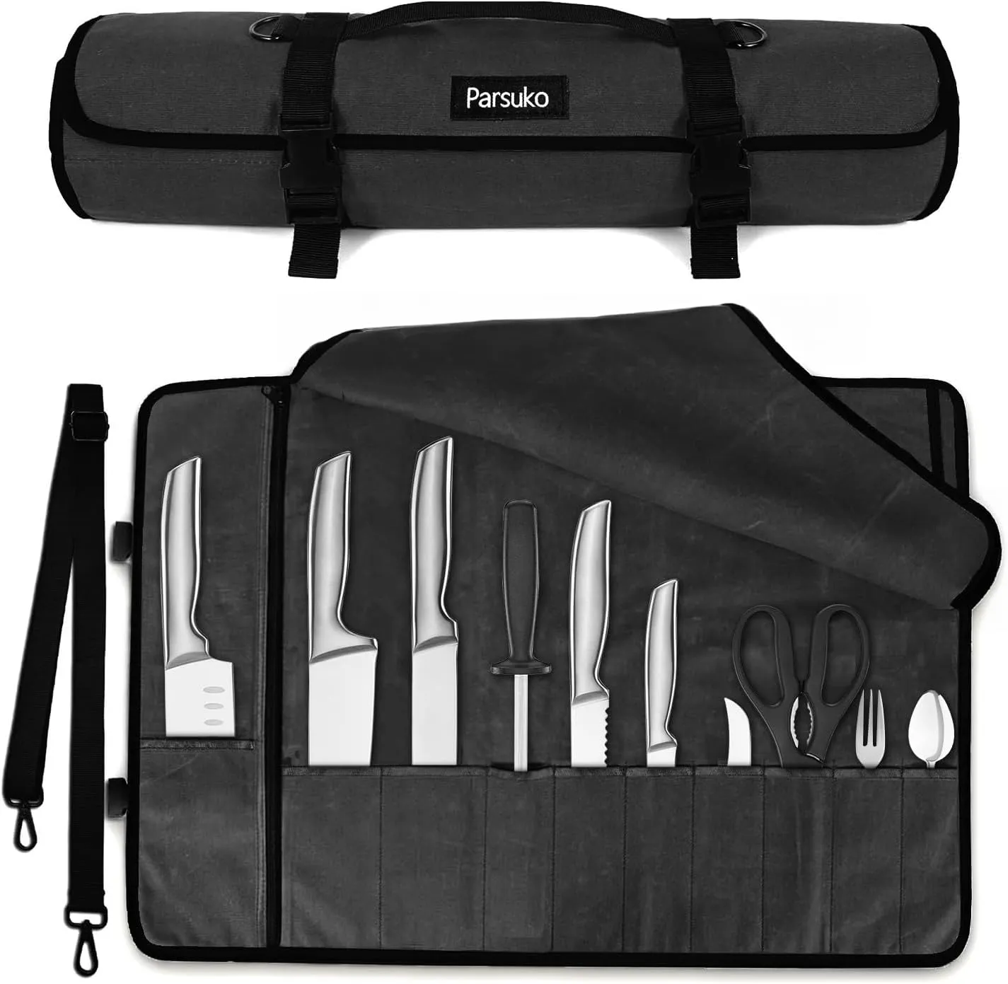 Chef Knife Roll Bag,Waterproof Waxed Canvas Knife Case Holds,Knives Roll Bags for Chefs Professional with Adjustable Strap,Chef Backpack (Black)