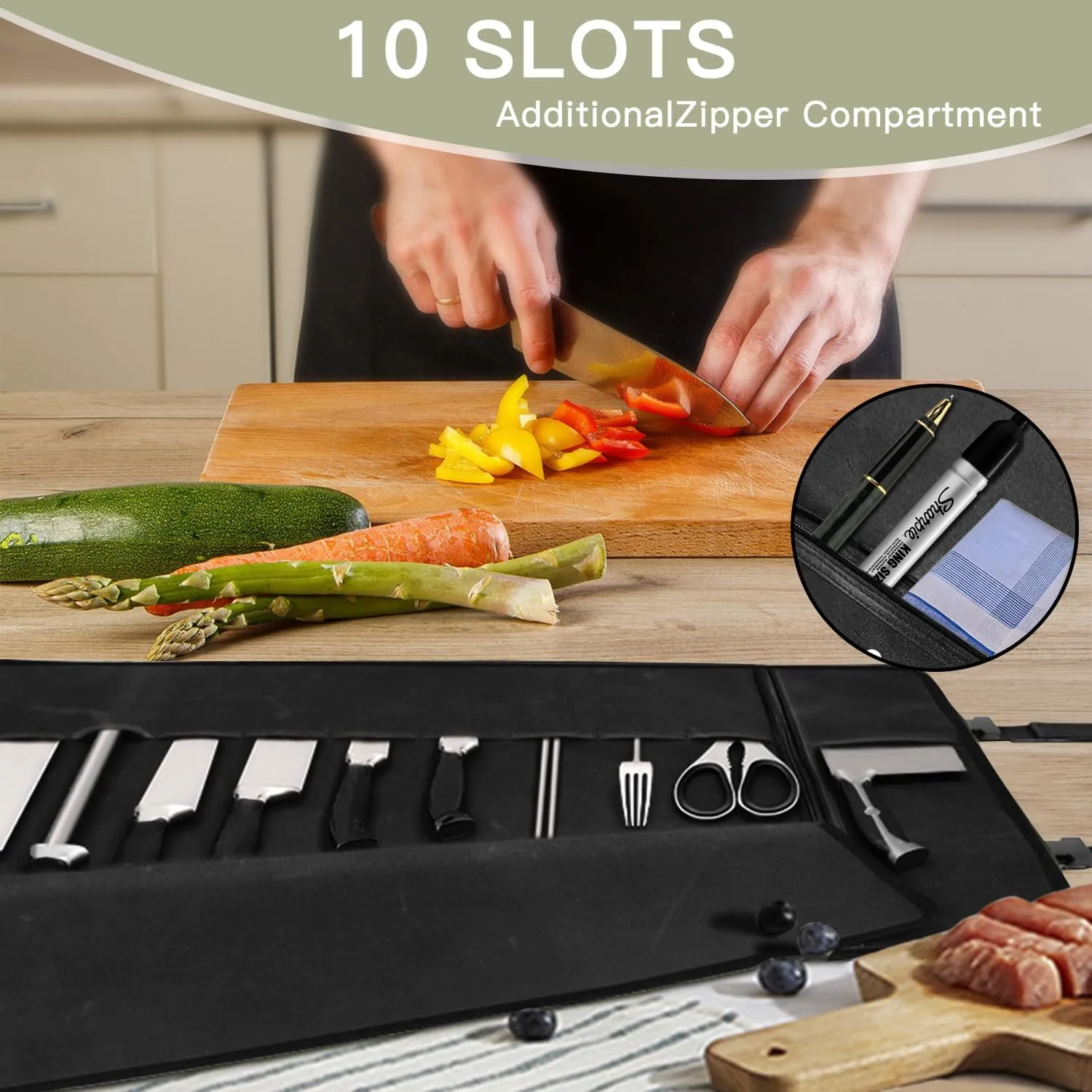 Chef Knife Roll Bag,Waterproof Waxed Canvas Knife Case Holds,Knives Roll Bags for Chefs Professional with Adjustable Strap,Chef Backpack (Black)