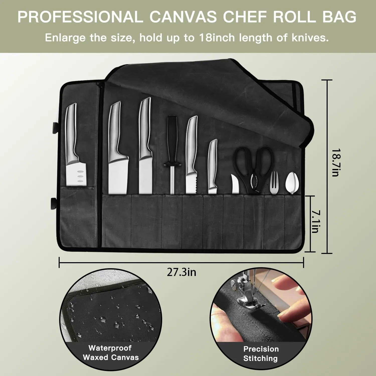 Chef Knife Roll Bag,Waterproof Waxed Canvas Knife Case Holds,Knives Roll Bags for Chefs Professional with Adjustable Strap,Chef Backpack (Black)