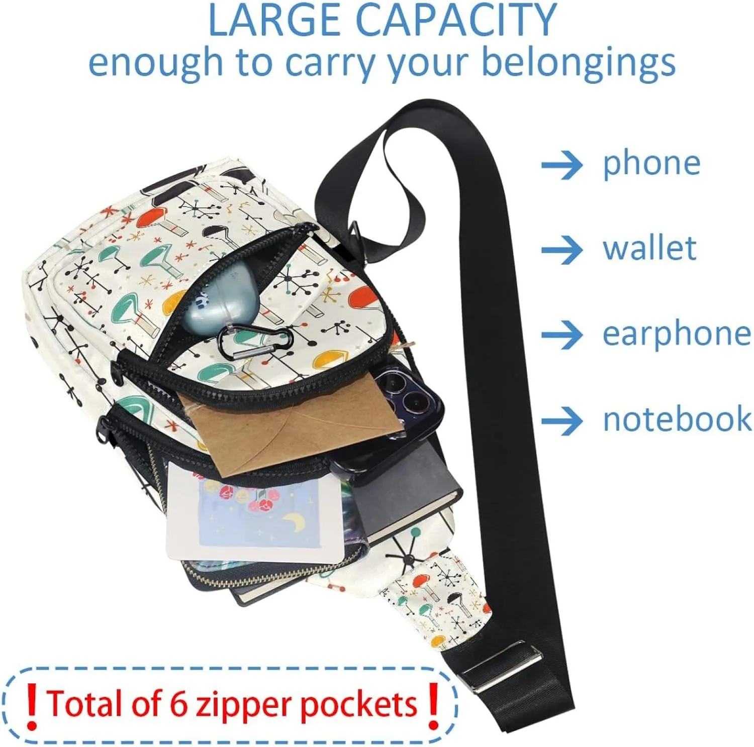 chemistry with flasks test tubes molecul Crossbody Bag with Adjustable Shoulder Strap, Shoulder Bag for Men and Women Sling Backpack for Travel, Cycling, Work, Sport