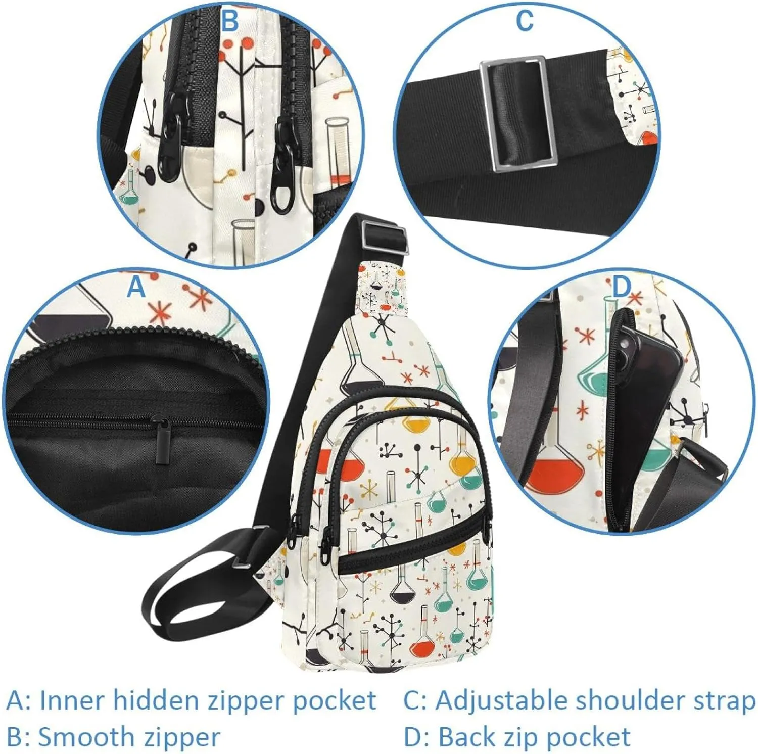 chemistry with flasks test tubes molecul Crossbody Bag with Adjustable Shoulder Strap, Shoulder Bag for Men and Women Sling Backpack for Travel, Cycling, Work, Sport