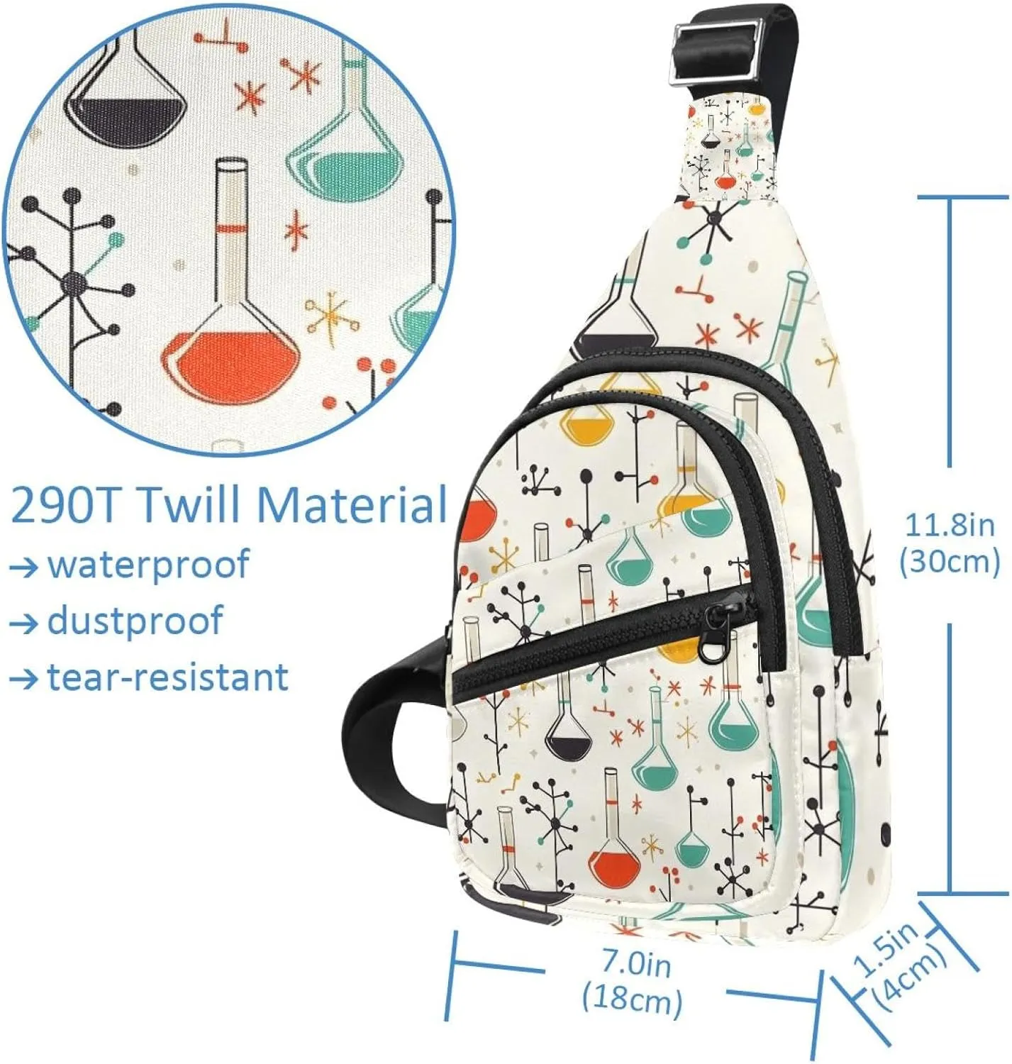 chemistry with flasks test tubes molecul Crossbody Bag with Adjustable Shoulder Strap, Shoulder Bag for Men and Women Sling Backpack for Travel, Cycling, Work, Sport