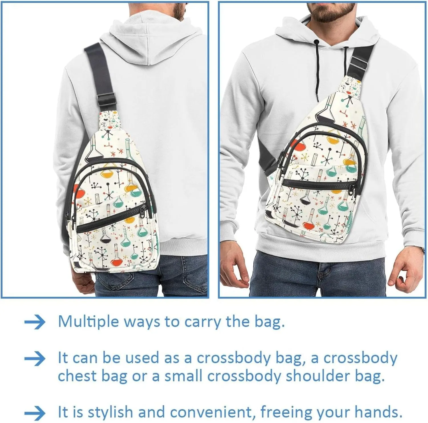 chemistry with flasks test tubes molecul Crossbody Bag with Adjustable Shoulder Strap, Shoulder Bag for Men and Women Sling Backpack for Travel, Cycling, Work, Sport