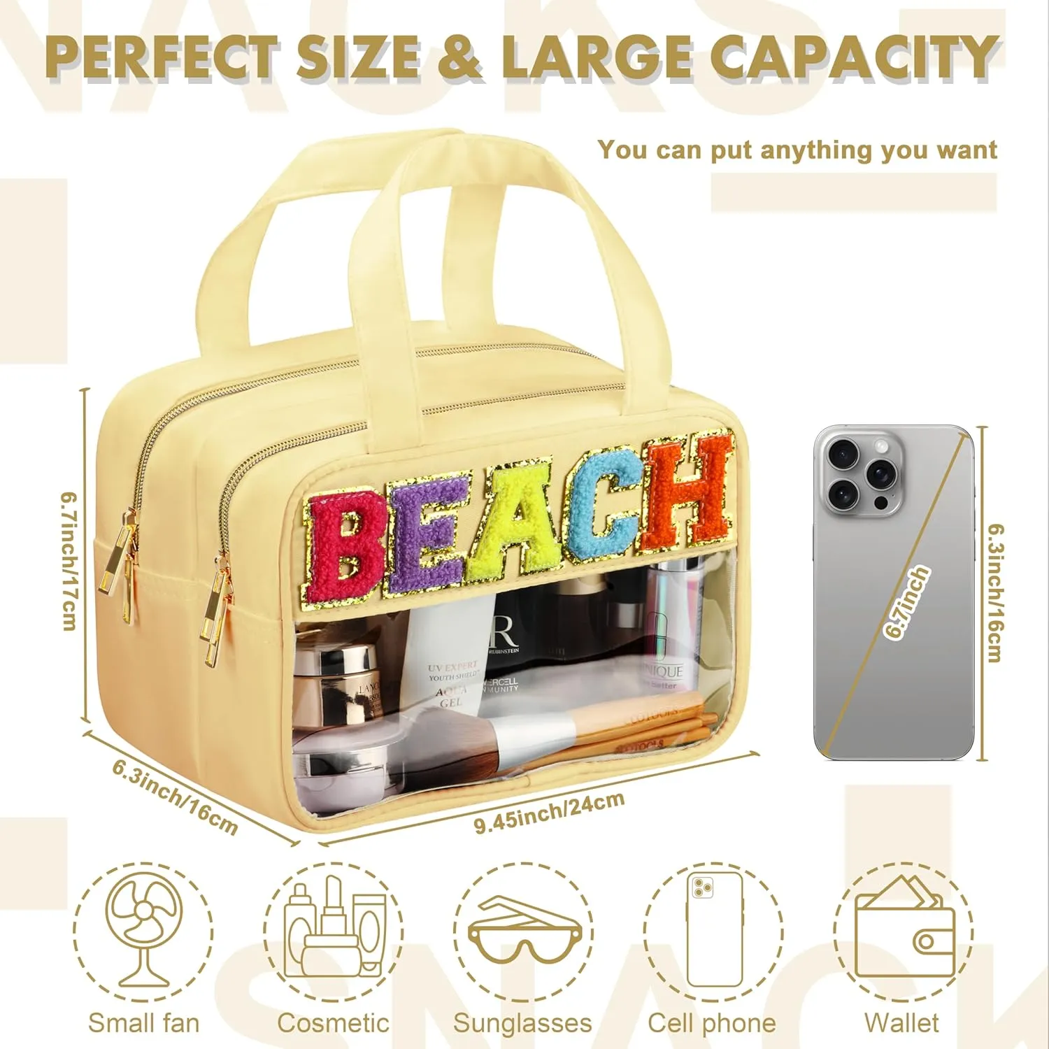 Chenille Letter Travel Makeup Bag, Preppy Patch Nylon Clear Cosmetic Tote with Handle and Zipper, Waterproof Large Snack & Stuff Bag Toiletry Storage Pouch for Women Girls (Beige-Beach)