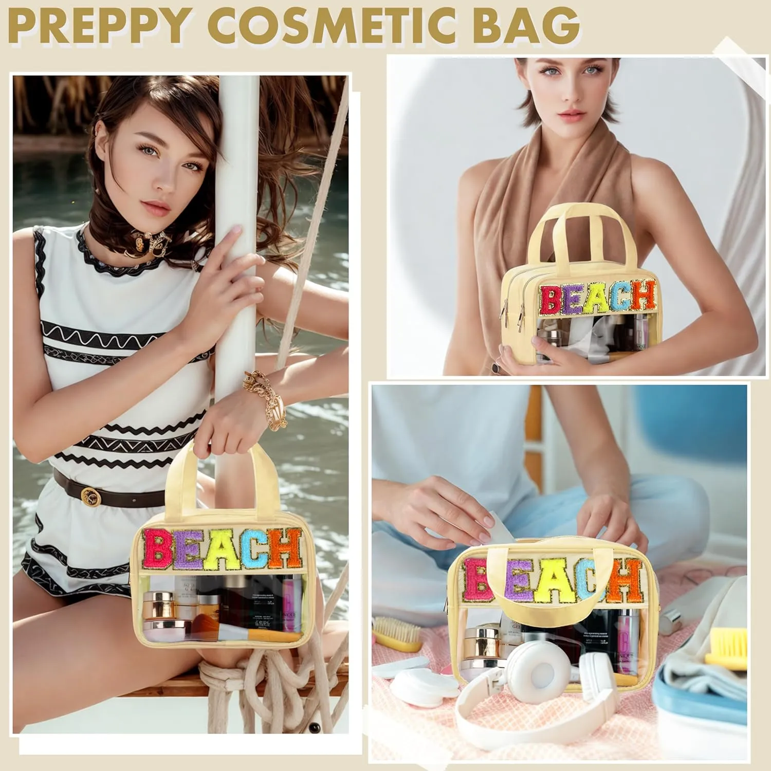 Chenille Letter Travel Makeup Bag, Preppy Patch Nylon Clear Cosmetic Tote with Handle and Zipper, Waterproof Large Snack & Stuff Bag Toiletry Storage Pouch for Women Girls (Beige-Beach)