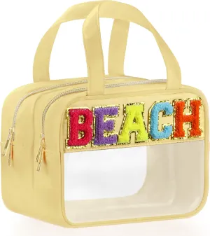 Chenille Letter Travel Makeup Bag, Preppy Patch Nylon Clear Cosmetic Tote with Handle and Zipper, Waterproof Large Snack & Stuff Bag Toiletry Storage Pouch for Women Girls (Beige-Beach)