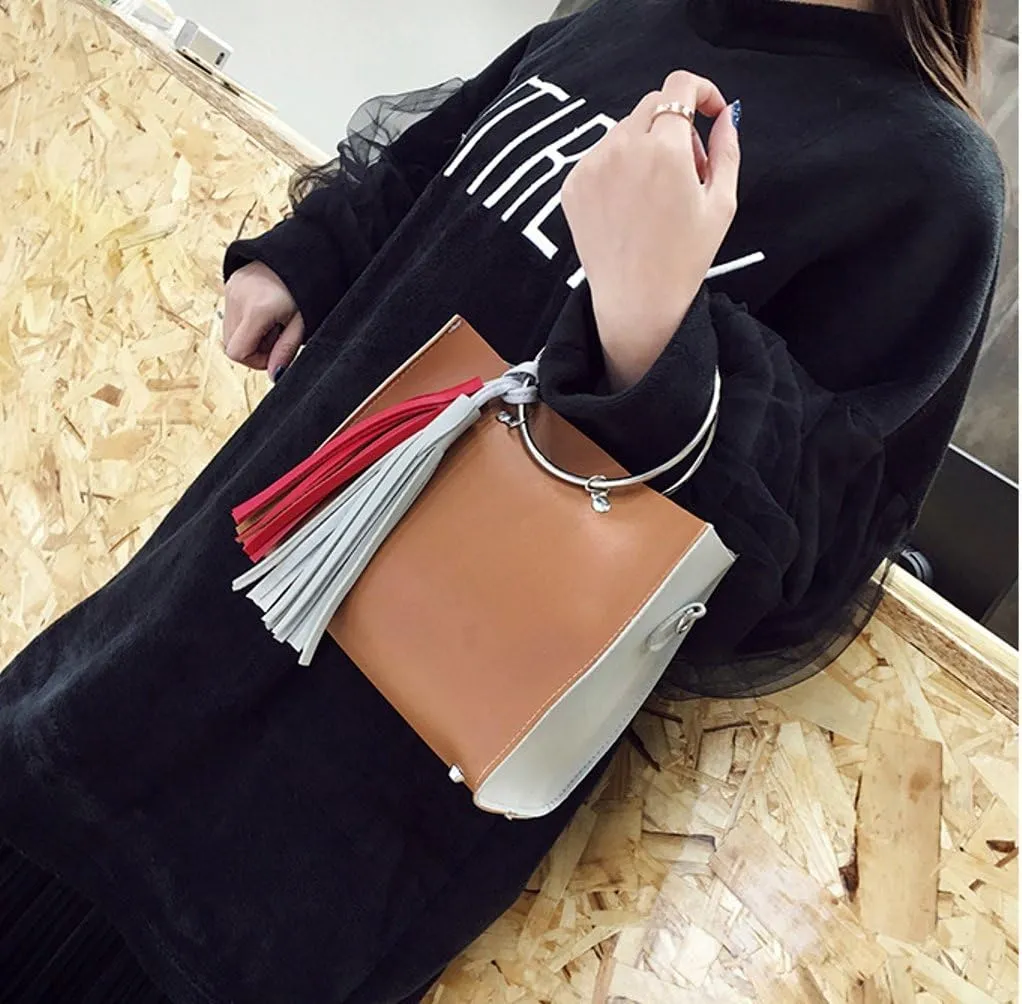 Chezi Women's Faux Leather Red White Tassel Small Tote Bag Satchel