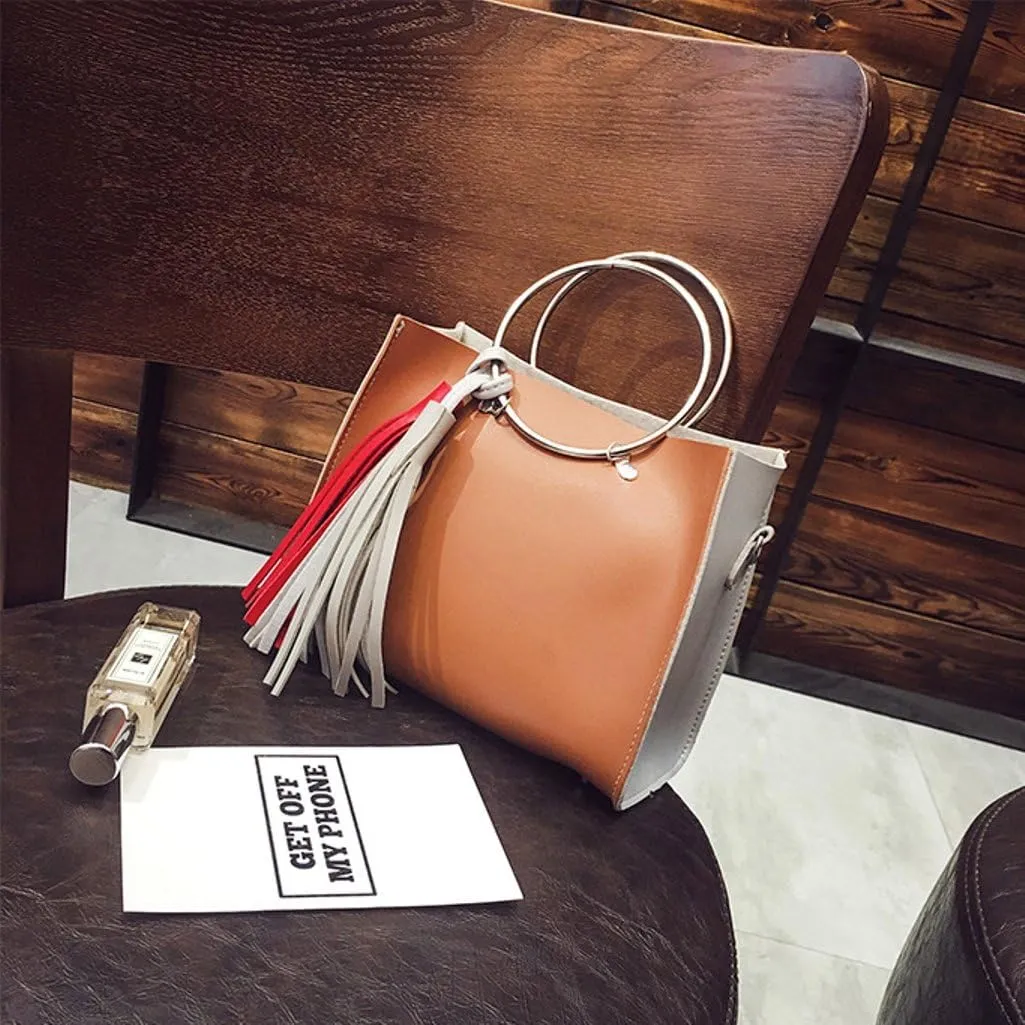 Chezi Women's Faux Leather Red White Tassel Small Tote Bag Satchel