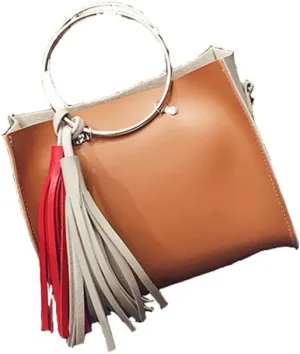 Chezi Women's Faux Leather Red White Tassel Small Tote Bag Satchel